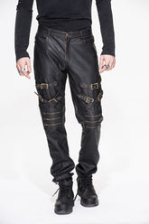 Bronze Multi Loops Zipper Metal Inlay Bandage Hand Rubbed Leather Men's Punk Pants